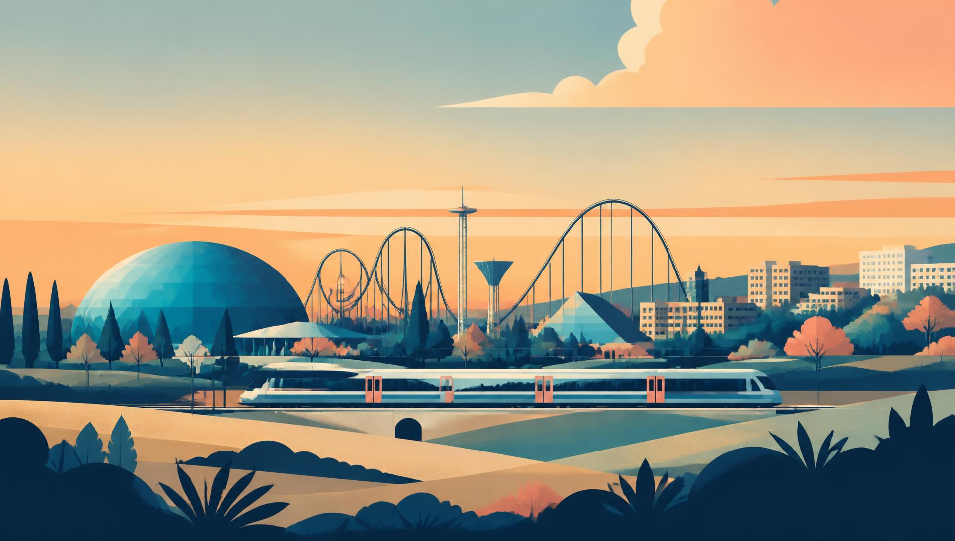 Illustration originale d'un futur site de parcs à thème en périphérie francilienne, avec montagnes russes stylisées et une ligne de train au premier plan