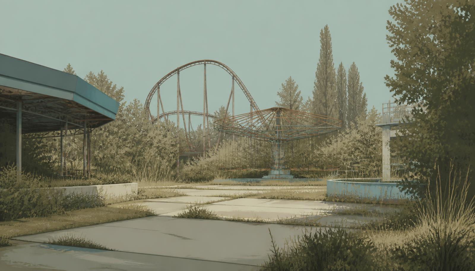 Illustration documentaire du site boisé de l'ancien parc Mirapolis à Courdimanche, avec des vestiges d'allées et de fondations envahis par la végétation